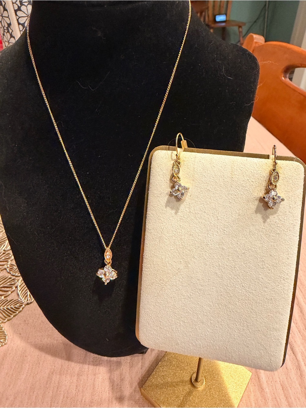 Avon Gold-Tone Crystal Pendant Necklace and Earrings Set - White Crystal